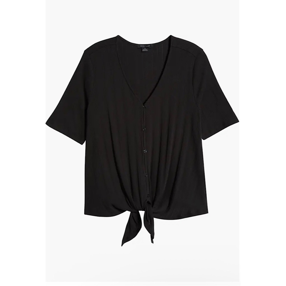 Sanctuary Tie Front Cotton Pointelle Top BLACK MEDIUM